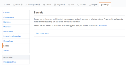 図11 リポジトリの設定画面内の「Secrets」で秘密情報の管理を行える