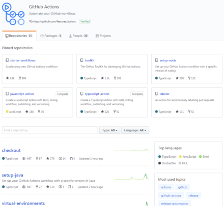 図3 GitHubが公式に提供するActionはactions/というユーザー名で提供されている