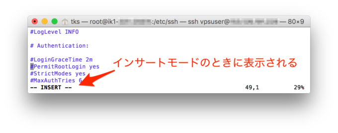 vimエディタ insertモード時の画面