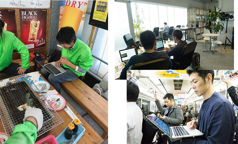 仕事中@かき小屋(左)、仕事中@オフィス(右上)、仕事中@電車の中(右下)