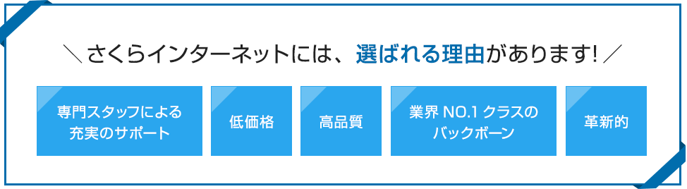 ＼さくらインターネットには、選ばれる理由があります！／
・専門スタッフによる充実のサポート
・低価格
・高品質
・業界NO.1クラスのバックボーン
・革新的