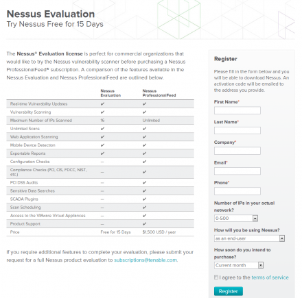 図1 Nessusの評価用ライセンス申込みページ