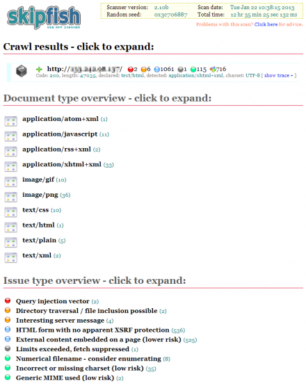図2 skipfishが出力するスキャンレポート