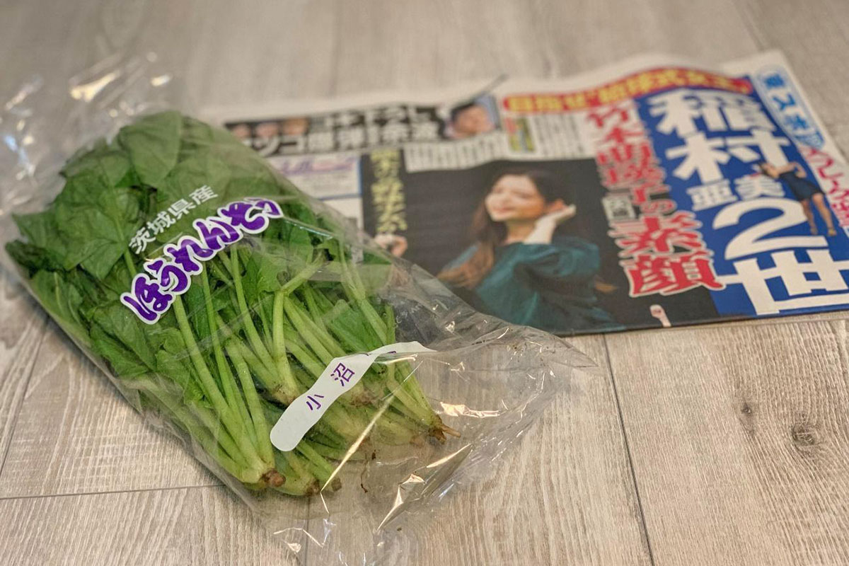 ↑この写真のために買ってきたホウレンソウと、家にある唯一の新聞です。栄光の東スポ。