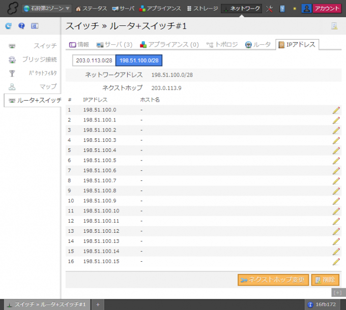 スタティックルートで追加されたIPアドレスブロック