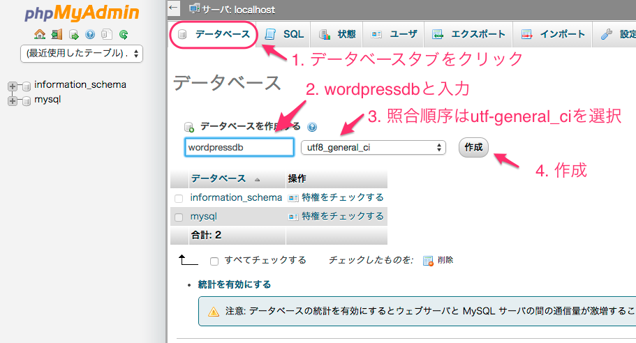 phpMyAdminでデータベースを作る