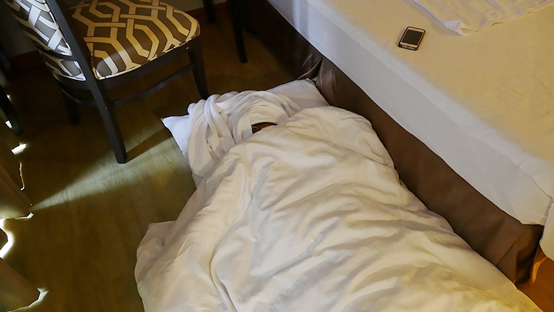 ベッドの下で寝ています