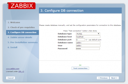 図4 データベースの接続設定画面。データベース名や接続に使用するユーザー名、パスワードなどを指定する