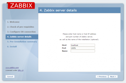 図5 Zabbixサーバーのホスト名/ポート番号の設定画面。通常はデフォルトのままで構わない
