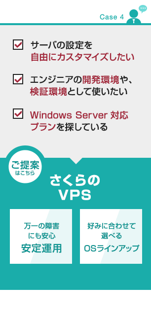 【CASE４】
・サーバの設定を自由にカスタマイズしたい
・エンジニアの開発環境や、検証環境として使いたい
・Windows Server対応プランを探している
■ご提案はこちら
さくらのVPS
・万一の障害にも安心　安定運用
・好みに合わせて選べる　OSラインアップ