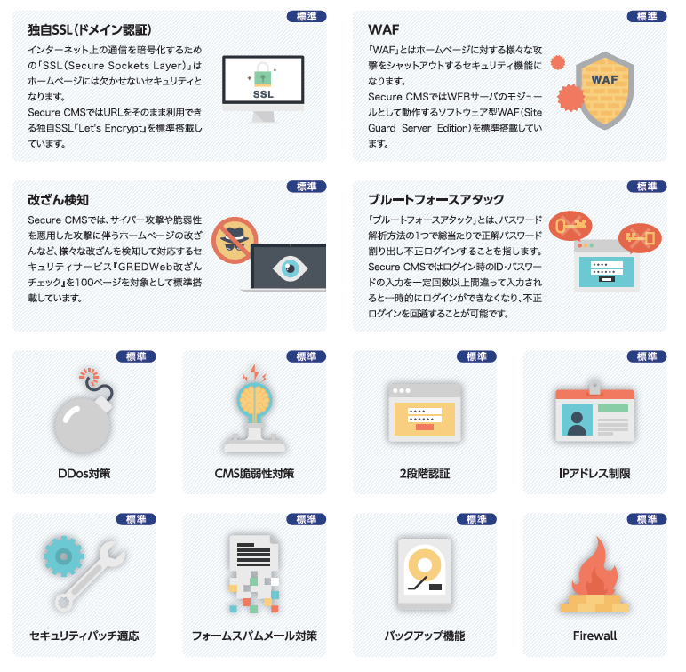 「Secure CMS」が標準で搭載しているセキュリティ機能。一般的なCMSならプラグインやセキュリティソリューションなどを追加しつつ、サーバのOSやミドルウェアの対応もしなければ実現できないものが多数。