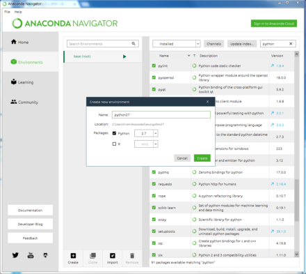 図20 「Create」ボタンをクリックして表示される「Create new environment」で新たな環境を作成できる