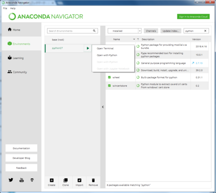 図21 作成した環境を選択してコマンドプロンプトやPythonを起動できる