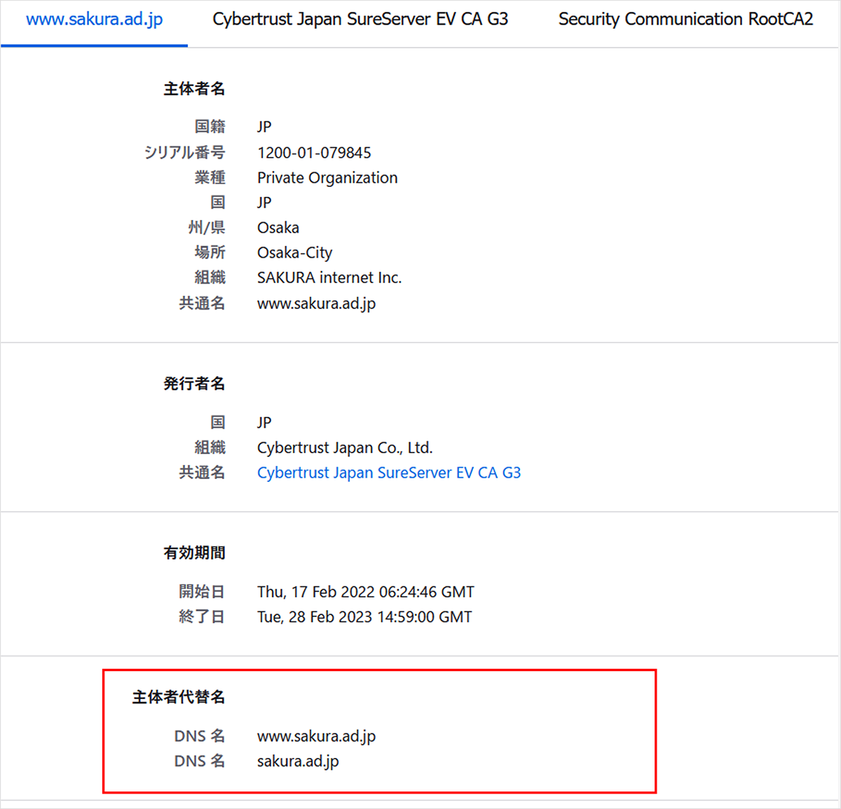 証明書の詳細情報表示例